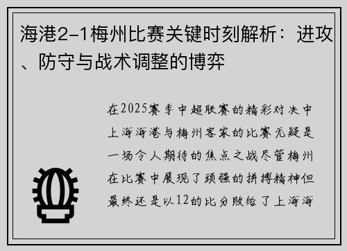 海港2-1梅州比赛关键时刻解析:进攻、防守与战术调整的博弈 海港2-1梅州比赛关键时刻解析:进攻、防守与战术调整的博弈