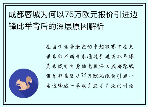 成都蓉城为何以75万欧元报价引进边锋此举背后的深层原因解析 成都蓉城为何以75万欧元报价引进边锋此举背后的深层原因解析
